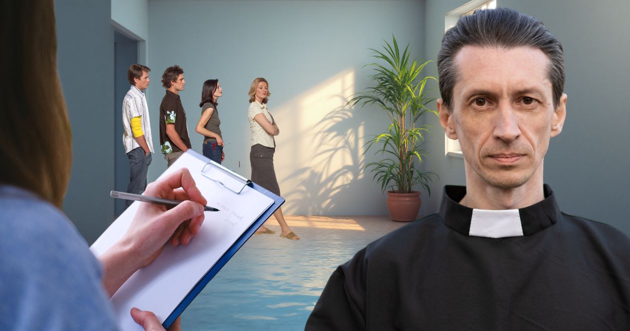 Kolejka do psychologia i ksiądz egzorcysta