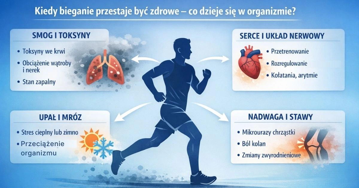 Infografika: kiedy bieganie szkodzi zdrowiu, wpływ smogu na organizm, przetrenowanie a serce