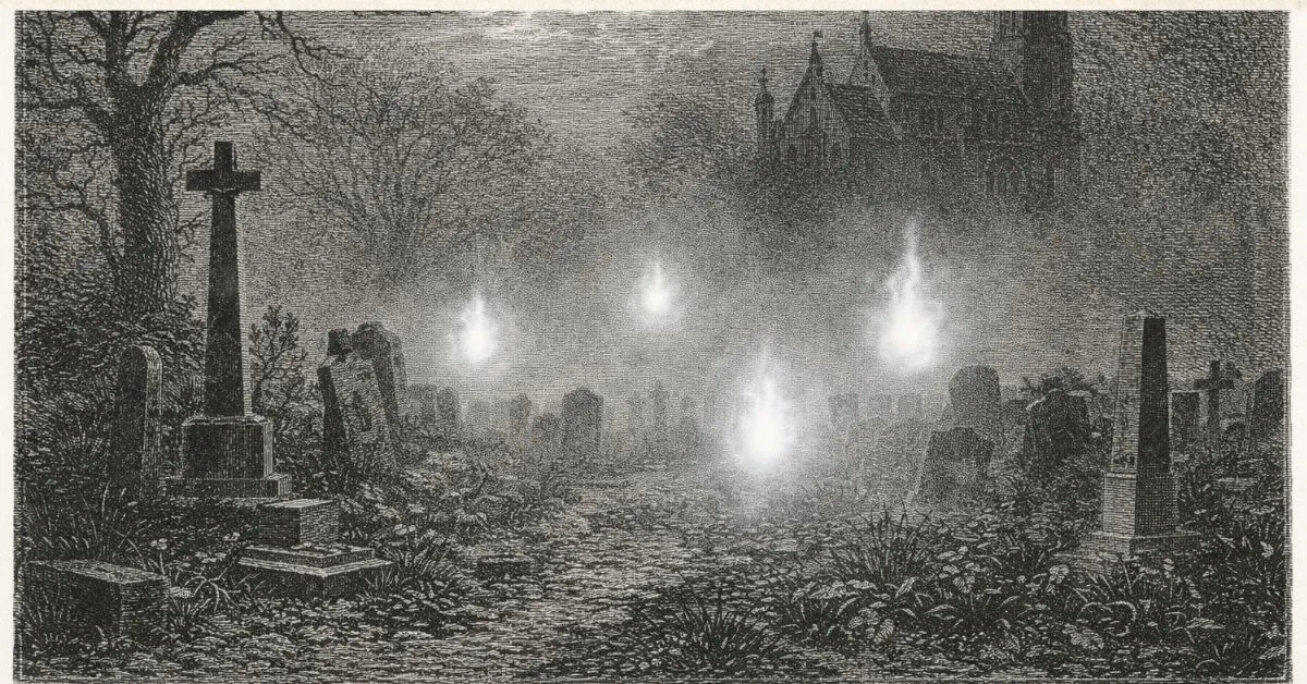 Rycina ilustrująca zjawisko błędnych ogników na cmentarzu