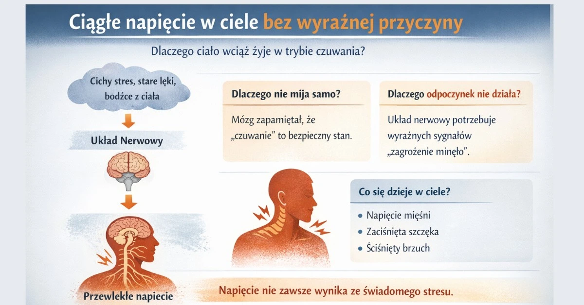 Schemat zależności między cichym stresem, układem nerwowym a przewlekłym napięciem mięśniowym w ciele.