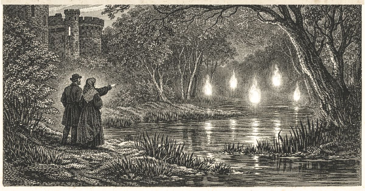 Rycina ilustrująca błędne ogniki na bagnach