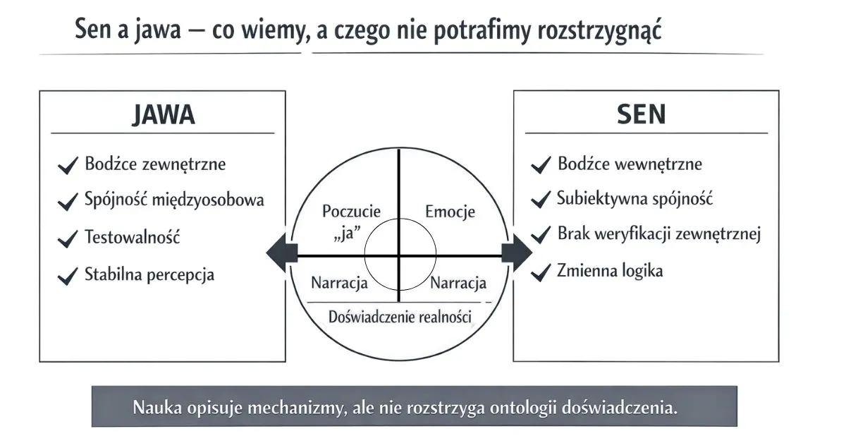 Infografika porównująca sen i jawę: bodźce zewnętrzne i wewnętrzne, testowalność, subiektywna spójność oraz wspólne elementy doświadczenia świadomości