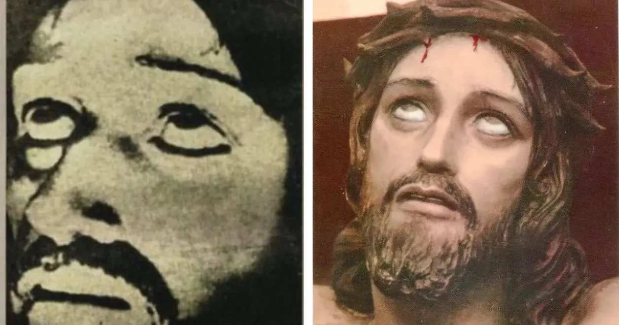 Rzekome zdjęcie z chronowizora oraz fragment rzeźby Chrystusa na krzyżu, zachowanej w Sanktuarium Miłości Miłosiernej w włoskiej Collevalenza