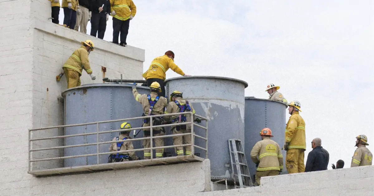 Zbiorniki z wodą na dachu hotelu Cecil - Strażacy wyciągają ciało kobiety
