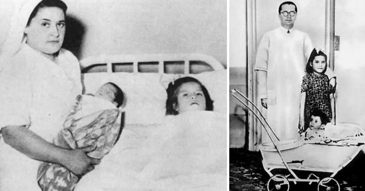 Lina Medina - Po lewej tuż po narodzinach synka - Po prawej Lina Medina, doktor Gerardo Lozada, i mały Gerardito Medina, rok 1941