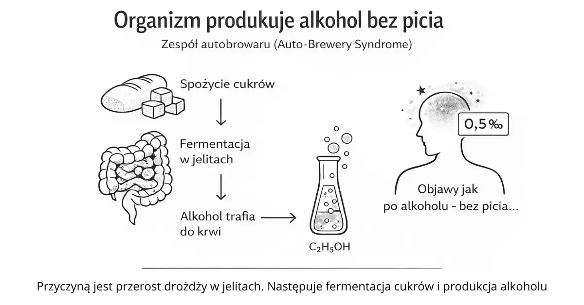 Infografika przedstawiająca proces powstawania alkoholu w organizmie człowieka w zespole autobrowaru – od spożycia węglowodanów, przez fermentację w jelitach, po objawy podobne do upojenia alkoholowego