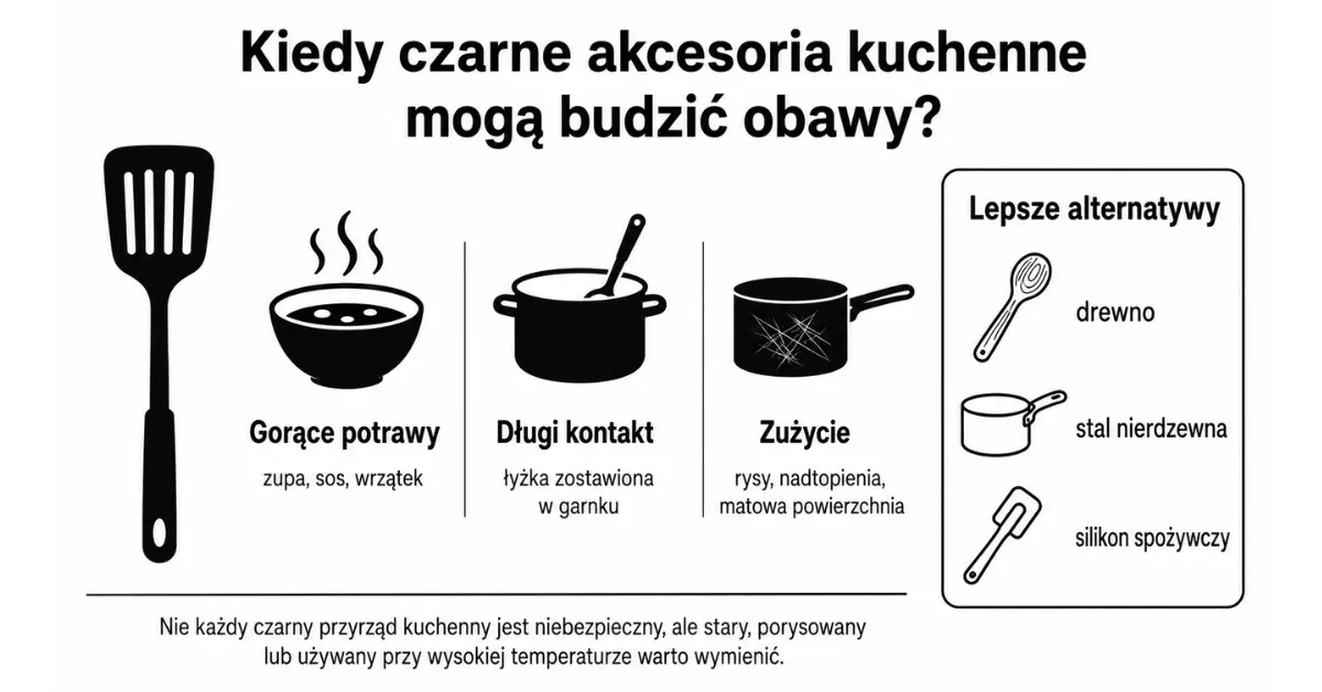 Infografika pokazująca, kiedy czarne nylonowe akcesoria kuchenne mogą budzić obawy i czym można je zastąpić