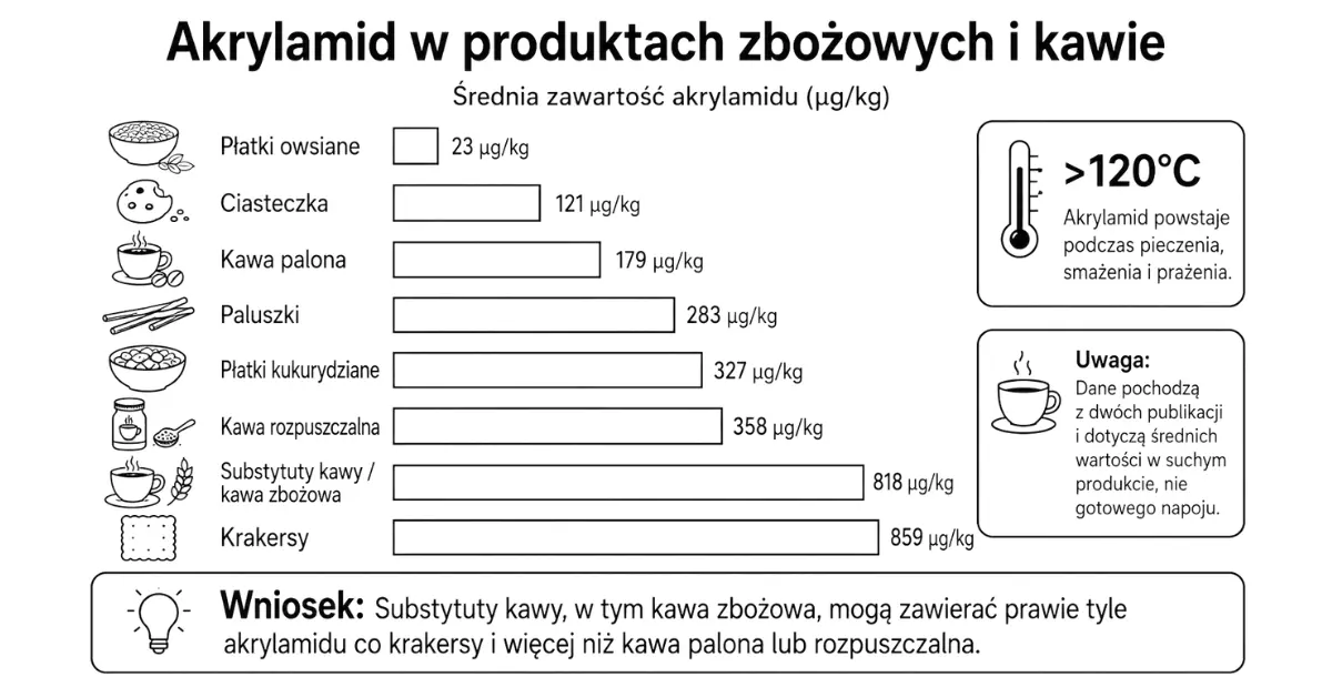 Infografika porównująca średnią zawartość akrylamidu w produktach zbożowych i kawie, w tym kawie palonej, rozpuszczalnej oraz zbożowej