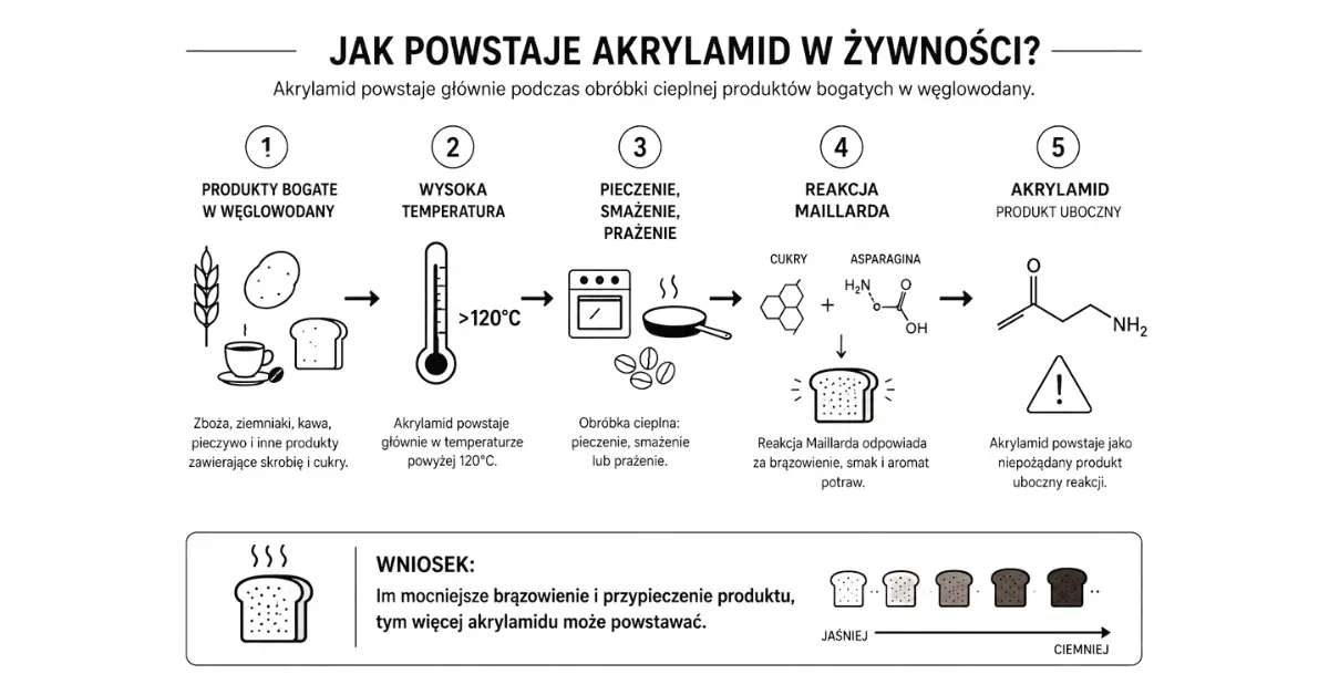 Infografika wyjaśniająca, jak powstaje akrylamid podczas pieczenia, smażenia i prażenia produktów bogatych w węglowodany
