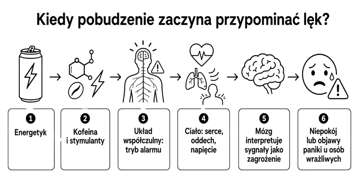 Infografika pokazująca, jak napój energetyzujący może pobudzać układ nerwowy i u osób wrażliwych nasilać niepokój lub objawy paniki