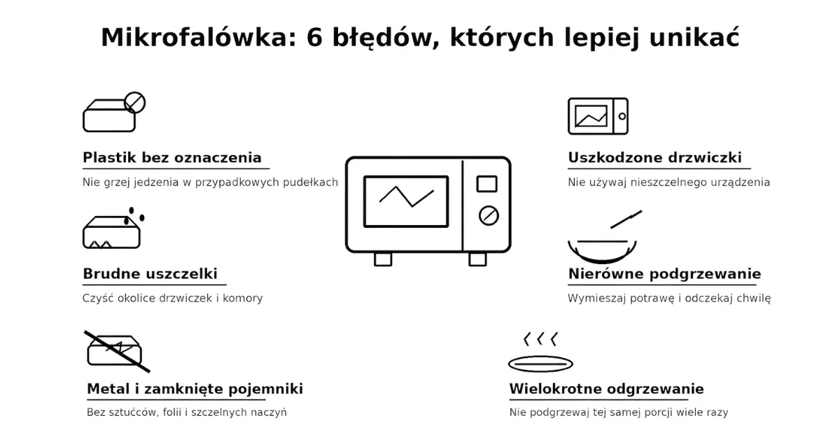 Infografika pokazująca sześć błędów podczas używania mikrofalówki, takich jak podgrzewanie plastiku, uszkodzone drzwiczki i nierówne odgrzewanie jedzenia