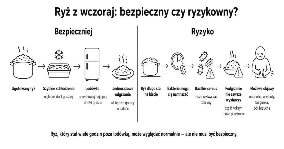 Infografika porównująca bezpieczne przechowywanie ugotowanego ryżu w lodówce z ryzykiem namnażania Bacillus cereus i zatrucia po pozostawieniu ryżu na blacie