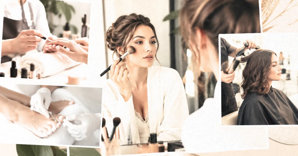 Kobieta podczas makijażu, manicure, pedicure i stylizacji włosów jako symbol skupienia na detalach kobiecej urody