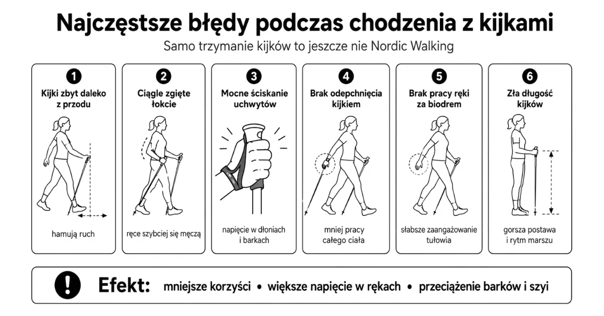 Infografika pokazująca najczęstsze błędy podczas chodzenia z kijkami i ich wpływ na ręce oraz barki