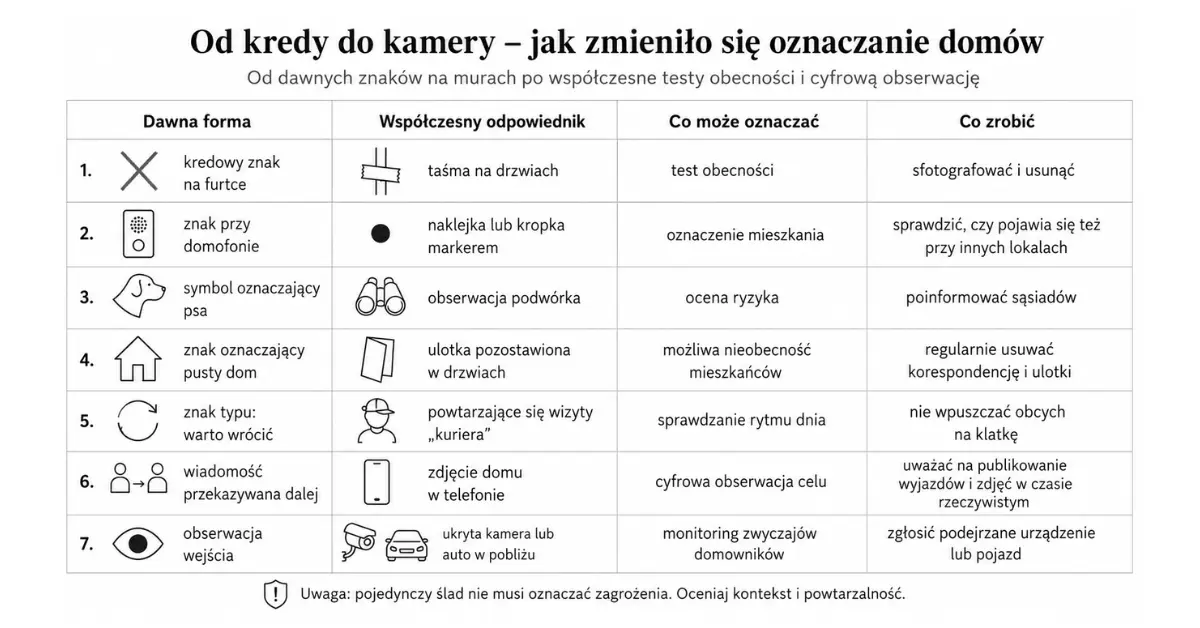 Infografika porównująca dawne znaki na domach z ich współczesnymi odpowiednikami, takimi jak taśma na drzwiach, ulotki, zdjęcia domu w telefonie i ukryte kamery
