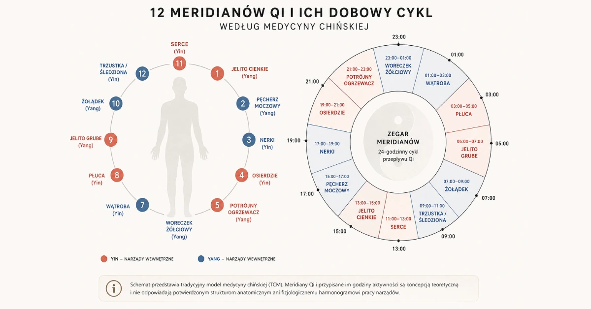 12 meridianów Qi i zegar meridianów według tradycyjnej medycyny chińskiej