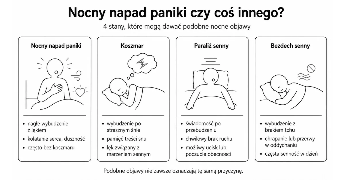 Infografika porównująca nocny napad paniki, koszmar, paraliż senny i bezdech senny