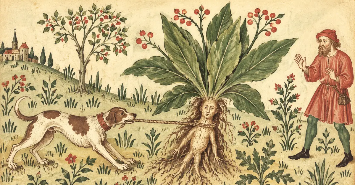 Średniowieczna ilustracja mandragory wyrywanej z ziemi przez psa
