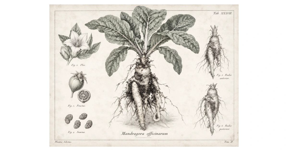 Historyczna rycina botaniczna przedstawiająca mandragorę lekarską