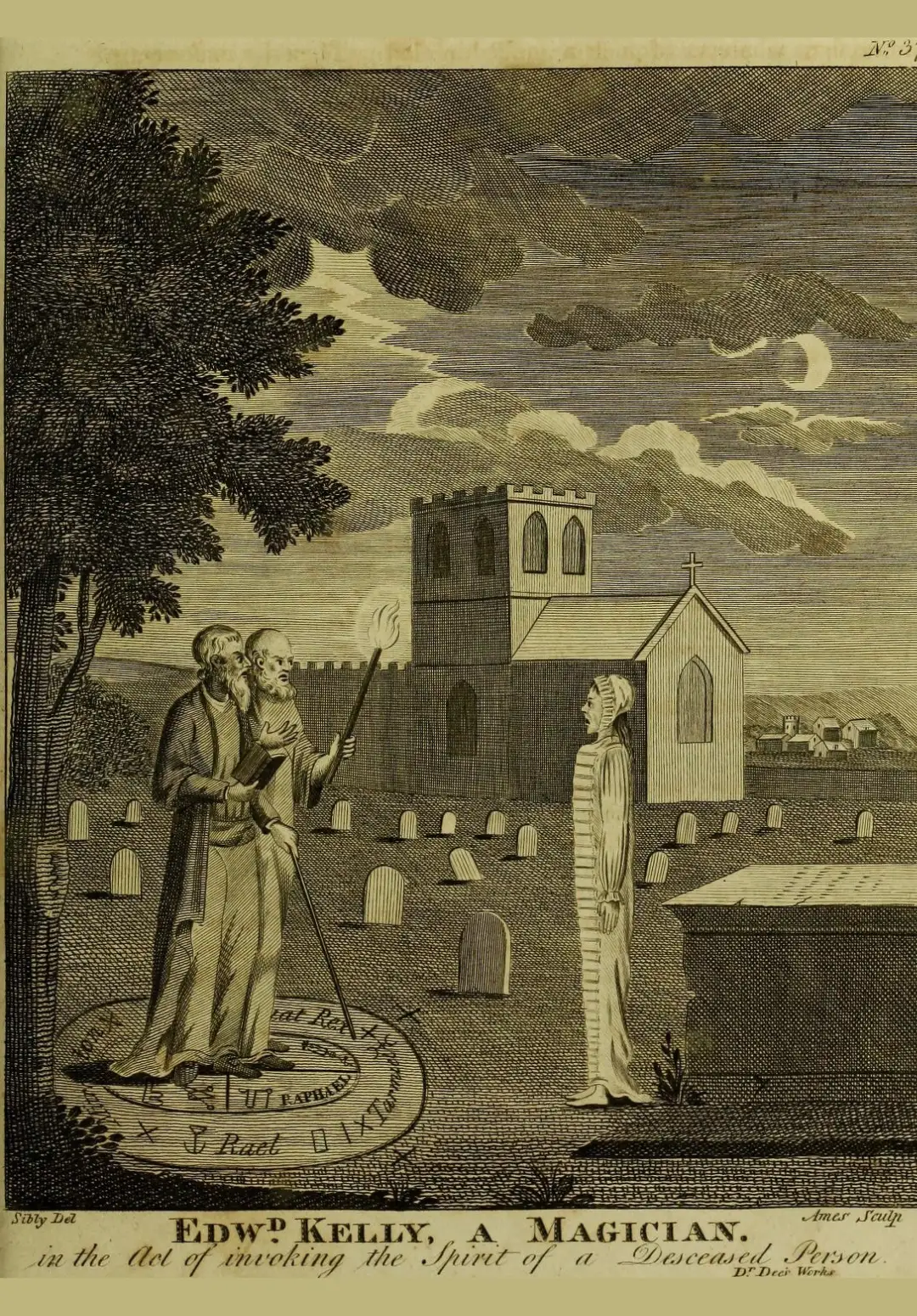 Edward Kelley podczas rzekomego przywoływania ducha zmarłego. Domena publiczna.