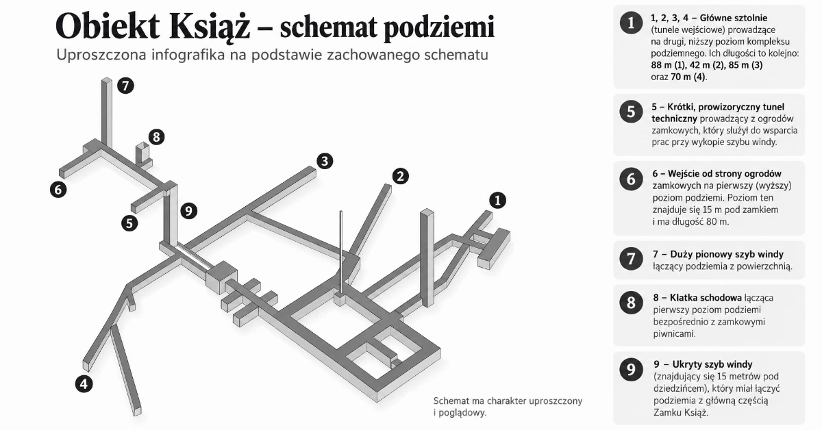 Schemat podziemi Zamku Książ w ramach Projektu Riese z oznaczeniem sztolni, szybów wind i klatki schodowej