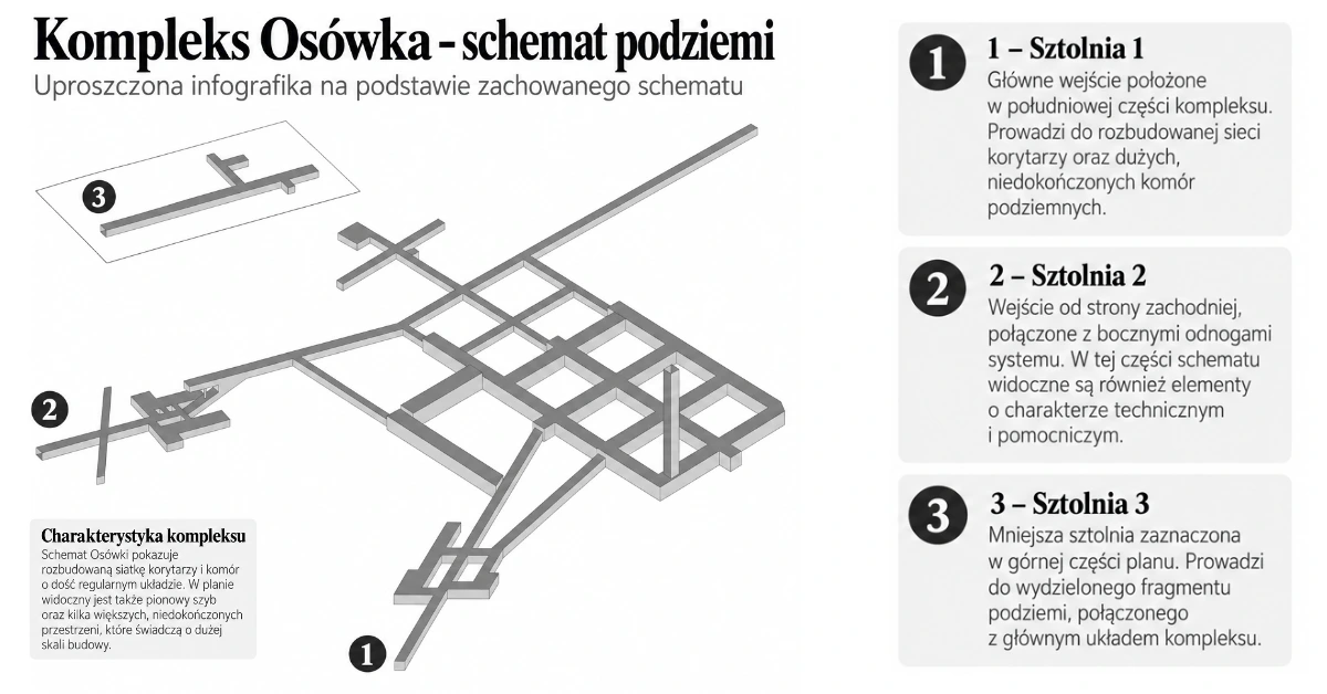 Schemat podziemi kompleksu Osówka w Projekcie Riese z oznaczeniem trzech sztolni wejściowych, korytarzy i szybu