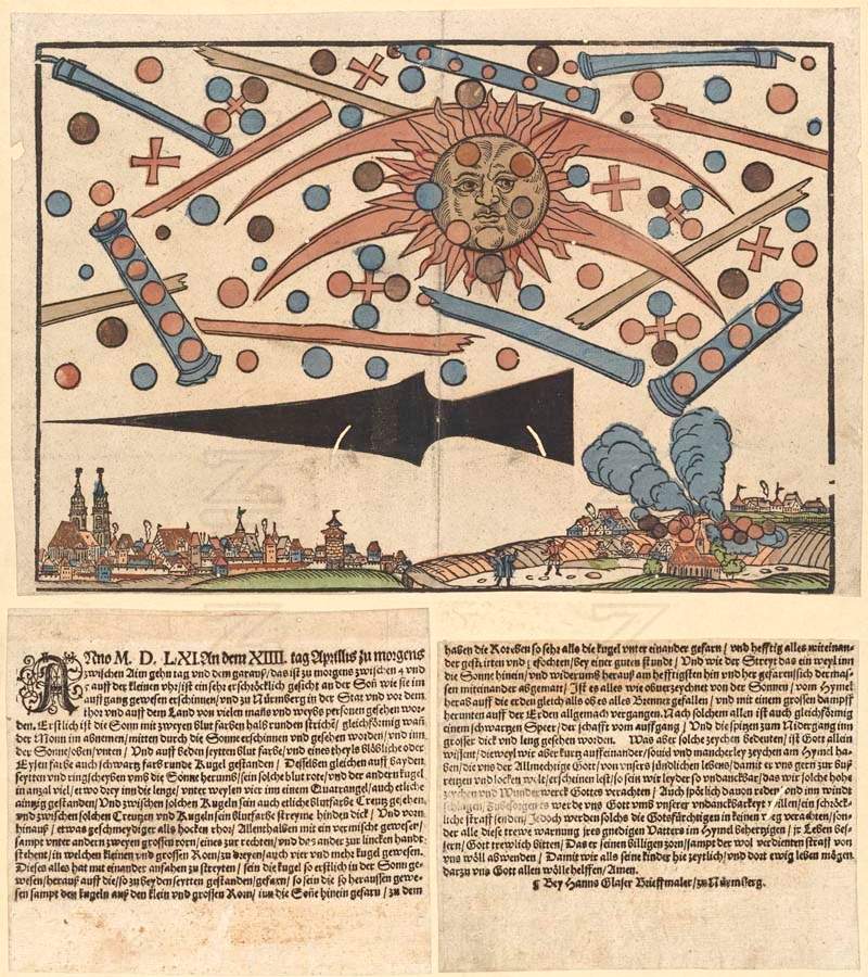 Ilustracja przedstawiająca zjawisko atmosferyczne nad Norymbergą 14 kwietnia 1561 roku, kronika z 1561 roku