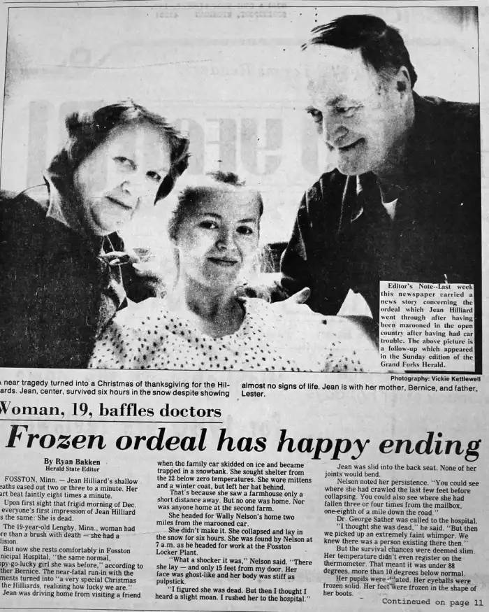 Jean Hilliard z rodzicami tuż po wyjściu ze szpitala. Artykuł z Grand Forks Herald