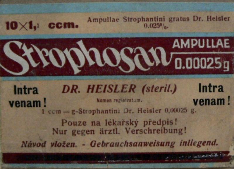 Strofantyna - rok 1938: opakowanie zawiera ampułki ze strofantyną przeznaczoną do iniekcji dożylnych