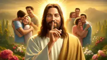 Obrazek przedstawia Jezusa z palcem na ustaw w znaku ciszy, a w tle widać przytulające się zakochane pary