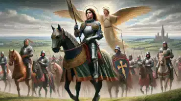 Joanna d'Arc na czele armii, wspierana przez Archanioła Michała