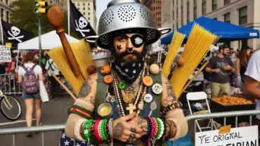 Pastafarianin z durszlakiem na głowie