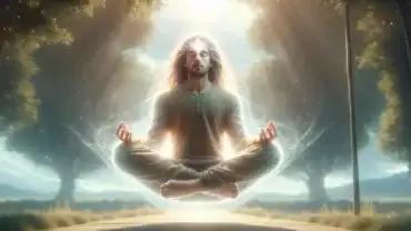 Medytujący mężczyzna z długimi włosami lewituje nad podłogą