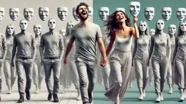 Radosna para w świecie pełnym ludzi w maskach