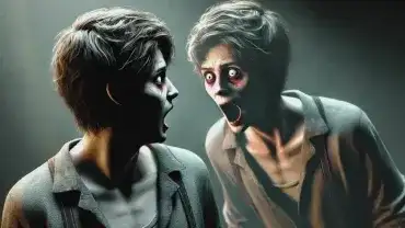 Przerażony człowiek widzi swojego sobowtóra