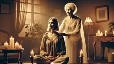 Kobieta siedzi w medytacji, a obok niej stoi duch starszej pani