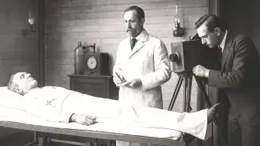 Rekonstrukcja eksperymentu MacDougalla: pomiar wagi duszy w chwili śmierci – stylizowana fotografia z początku XX wieku