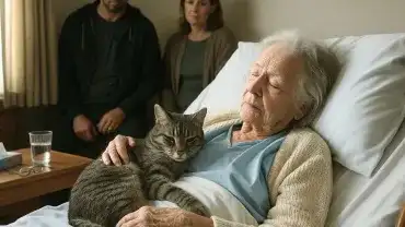 Kot przytula się do starszej pani na szpitalnym łóżku