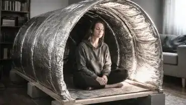 Kobieta medytuje wewnątrz domowego lustra Kozyriewa